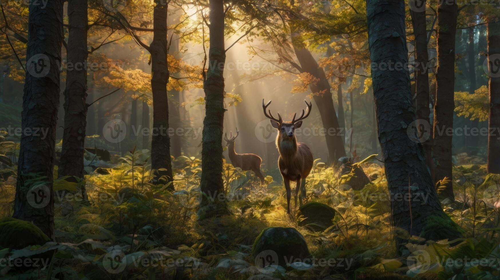 Majestic Deer in a Sunlit Forest Glade with Autumnal Warmth and Tranquility photo