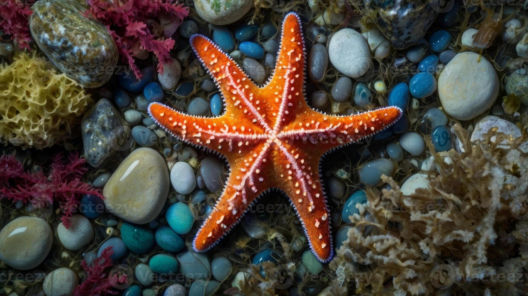 Stunning orange starfish lying among colorful rocks and algae on the seabed photo