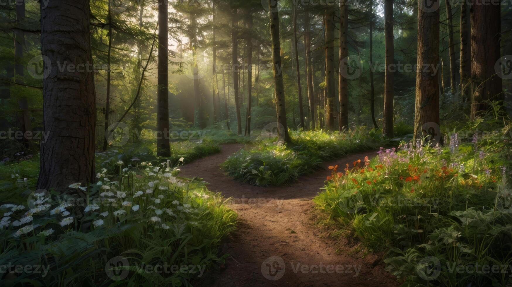 Enchanted Forest Path Awaits Choice and Adventure Amidst Verdant Scenery photo