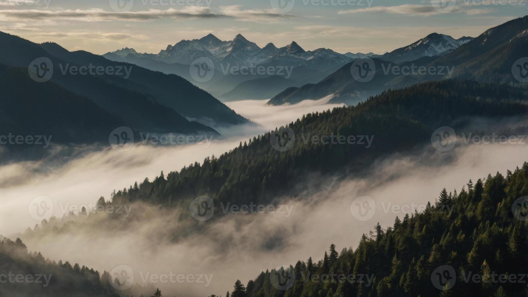 Majestic Mountain Range Overlooking a Valley Filled with Low-Lying Clouds photo
