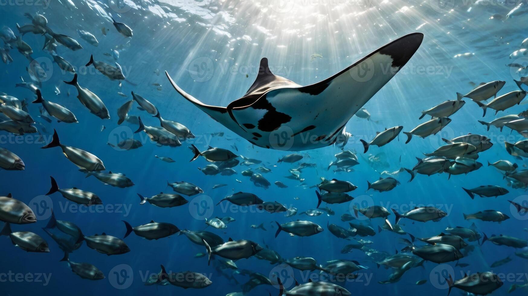 Majestic Manta Ray Gliding Through the Ocean's Depths with Schooling Fish photo