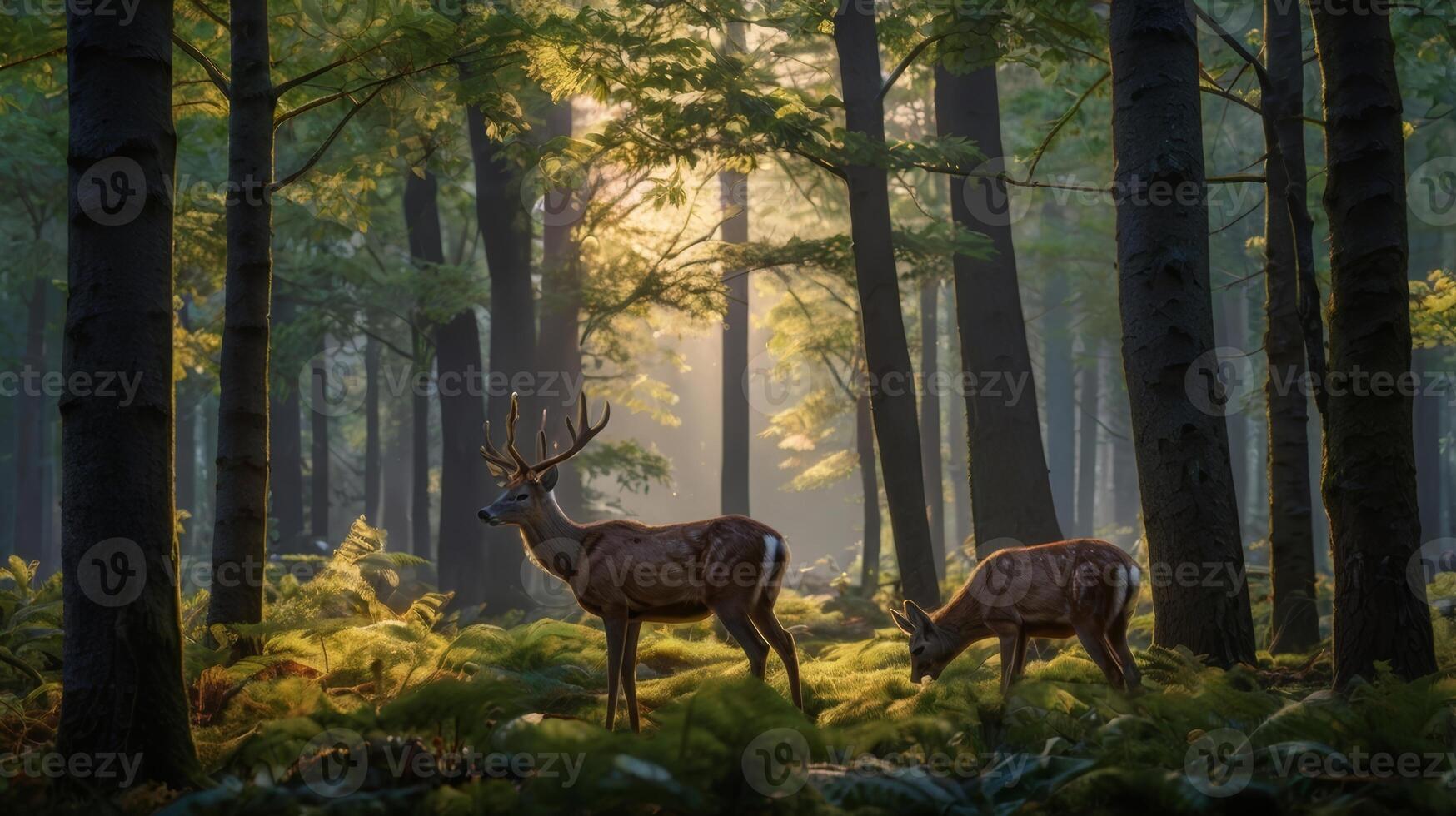 Majestic deer in a serene forest at sunrise providing a tranquil scene photo