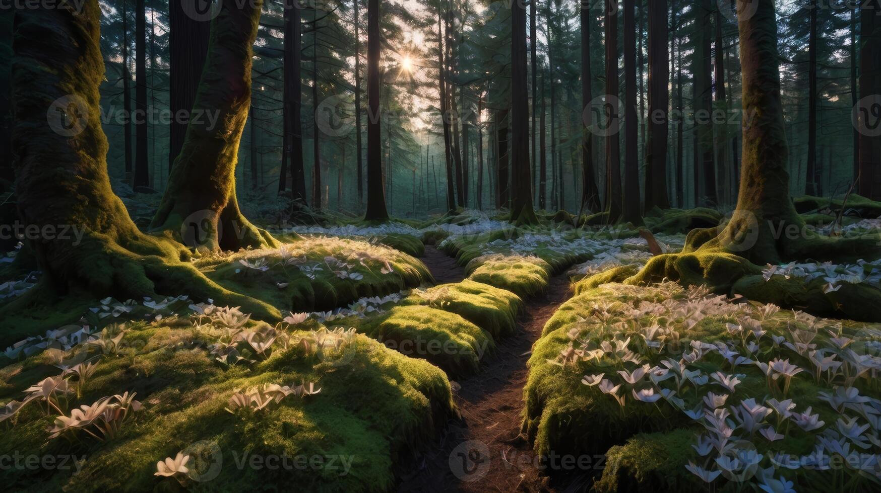Sunlit forest path with mossy rocks and blooming crocuses during the spring season photo