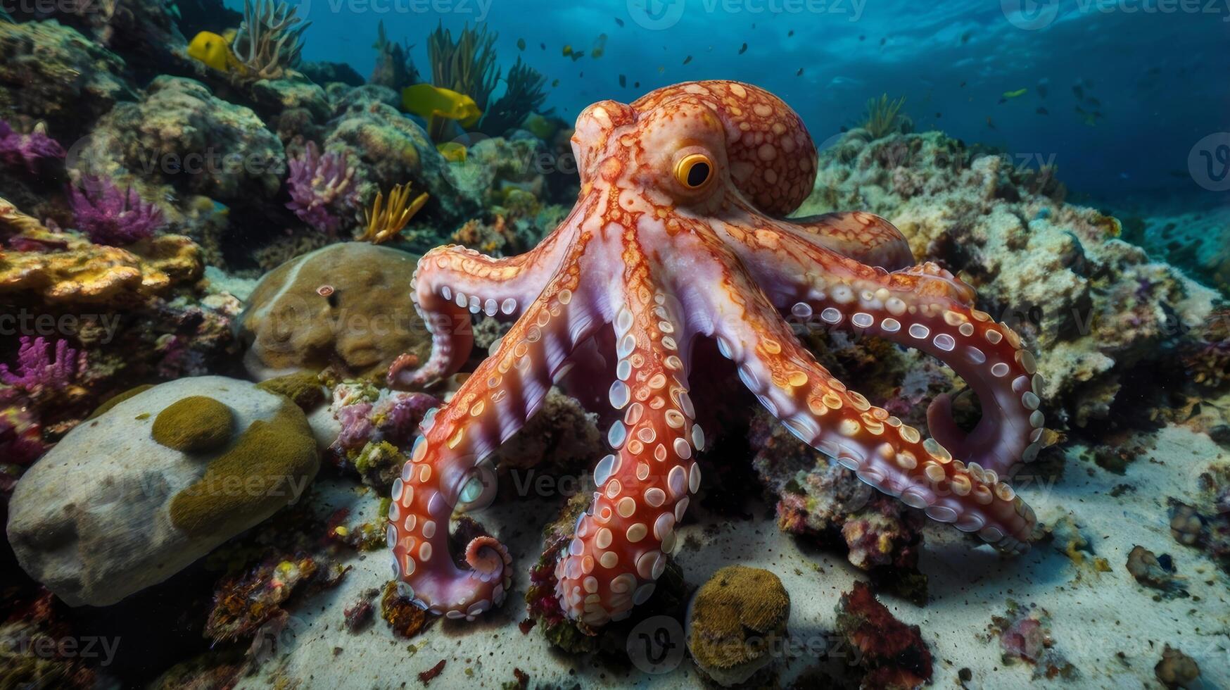 A beautiful Common Octopus resting on a reef in a natural habitat scene photo