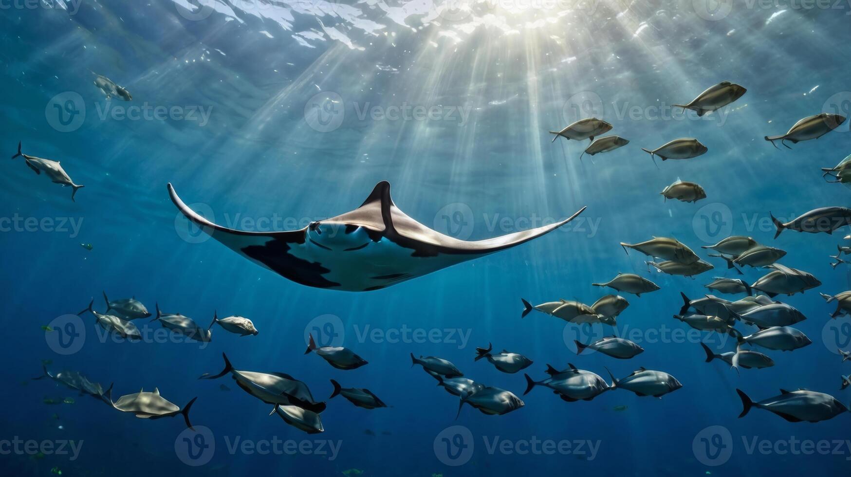 Manta Ray and School of Fish Swimming Gracefully in the Ocean with Sunrays photo