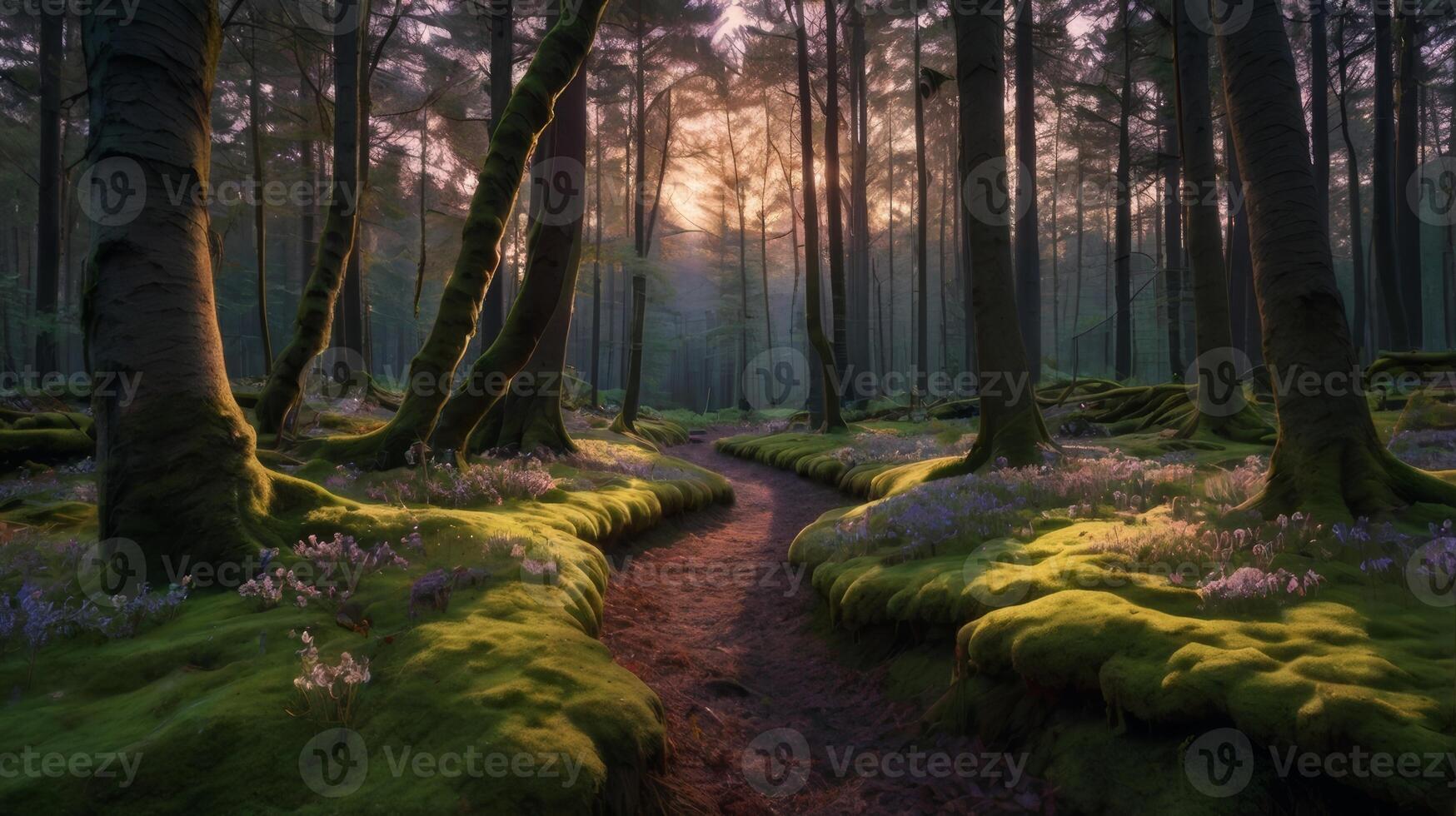 Serene forest pathway through moss covered ground at golden hour backdrop photo