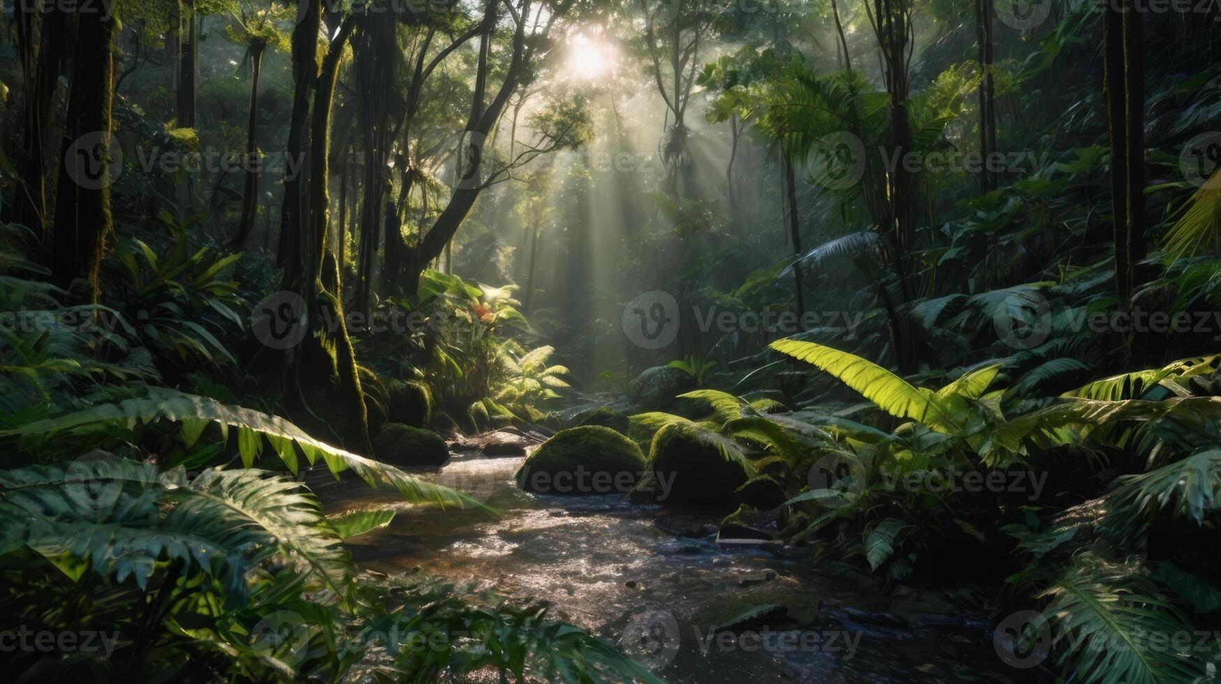 Serene jungle landscape with river flowing through lush vegetation and sunlight photo
