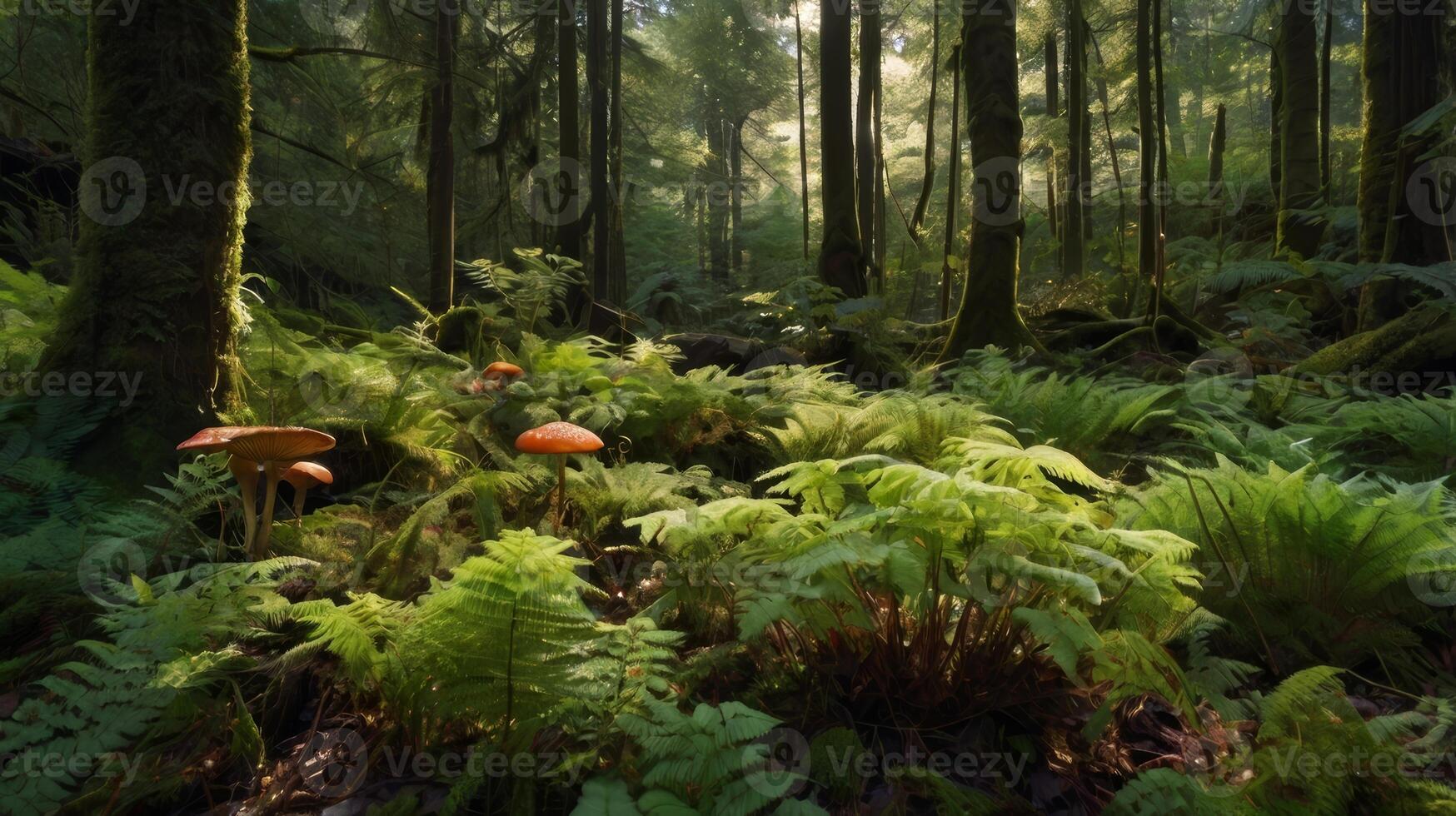 Enchanting Forest Scene with Vibrant Ferns and Eye Catching Wild Mushrooms photo