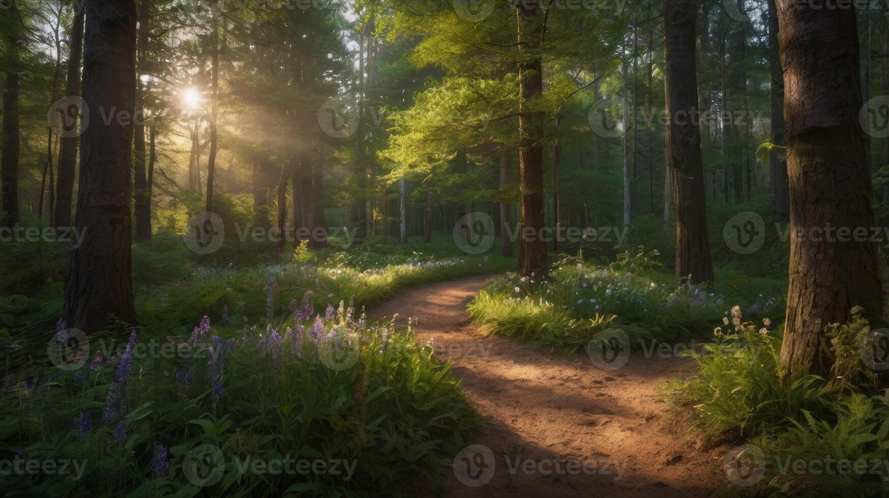 Enchanting forest path illuminated by sunlight filtering through trees photo