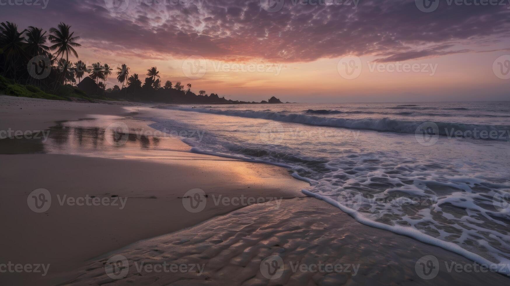 Tropical Beach Paradise at Sunset with Palm Trees and Gentle Waves photo
