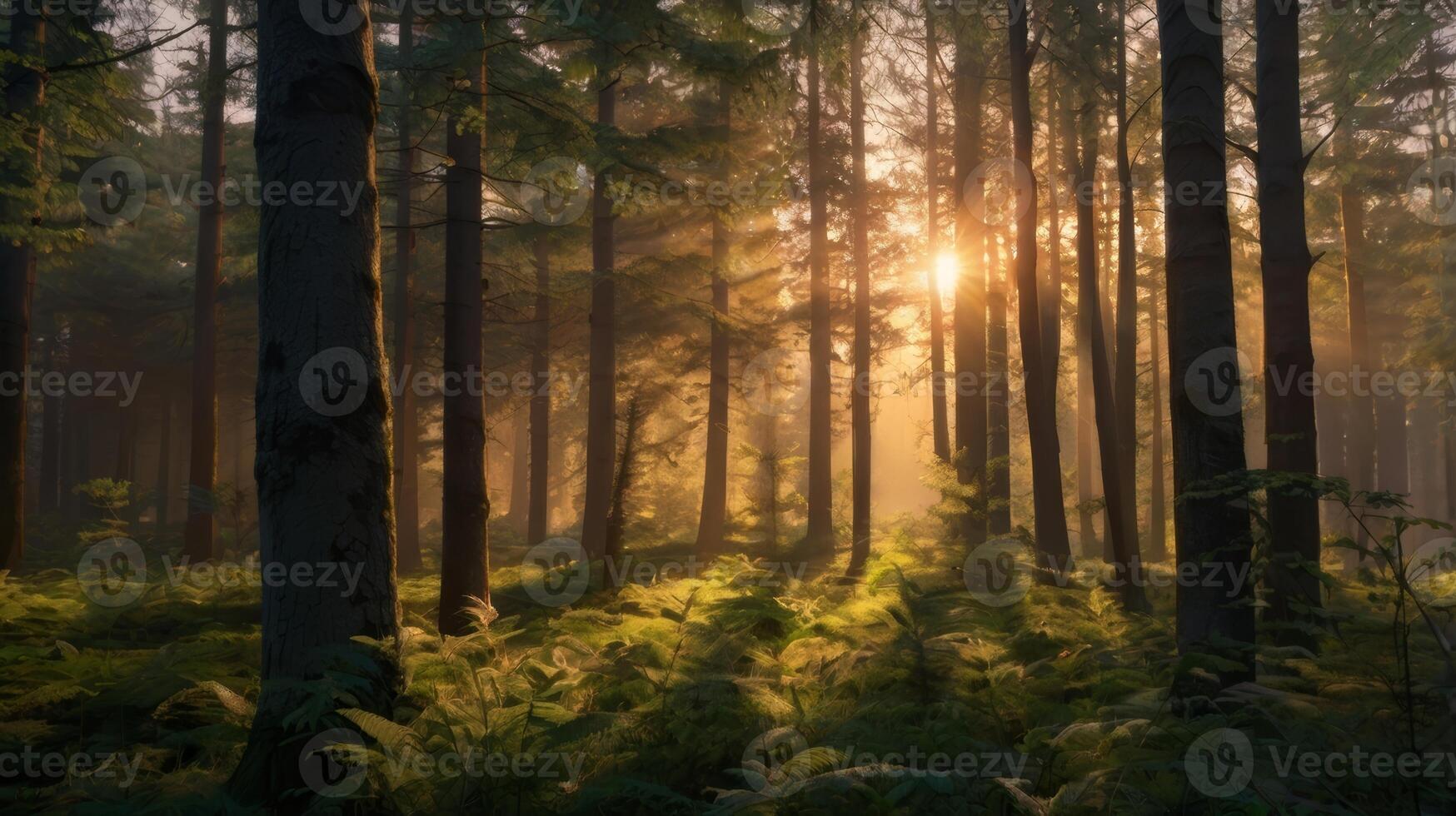 Sunlight Illuminating a Lush Green Forest with Tall Trees and Ferns photo