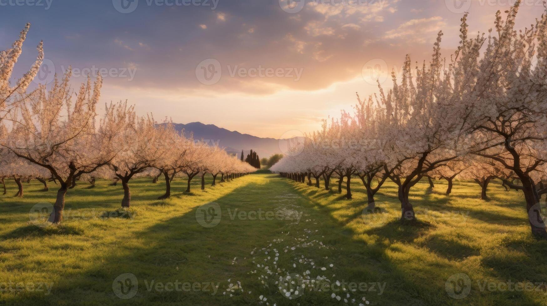 Blooming orchard at sunset with a picturesque view of the rows of trees photo