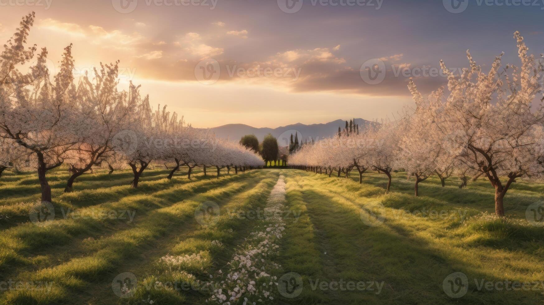 Serene Orchard at Sunset A Peaceful Landscape of Blossoming Trees and Mountains photo