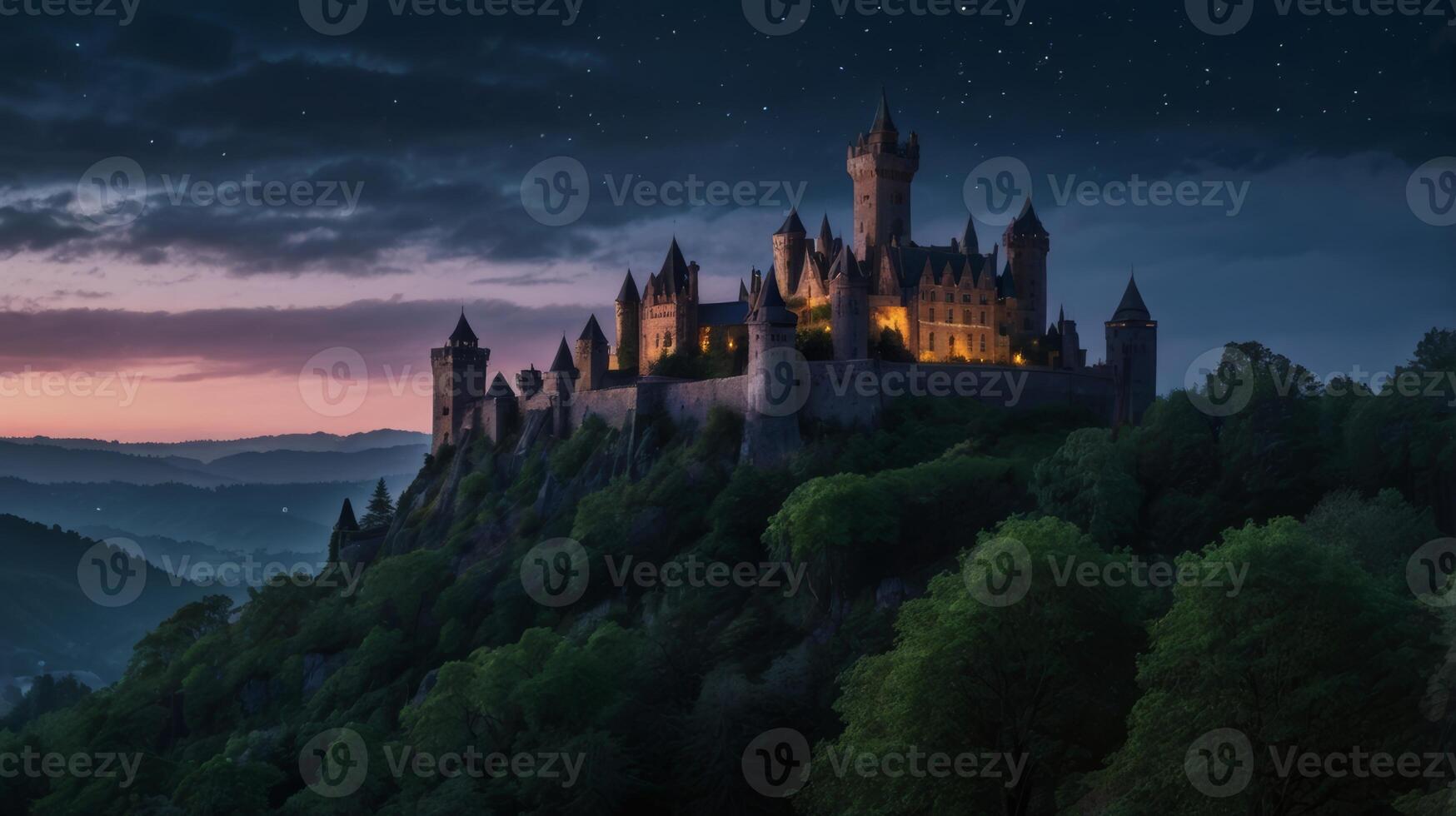 Majestic Castle Illuminated at Twilight under a Starry Sky over Forest photo