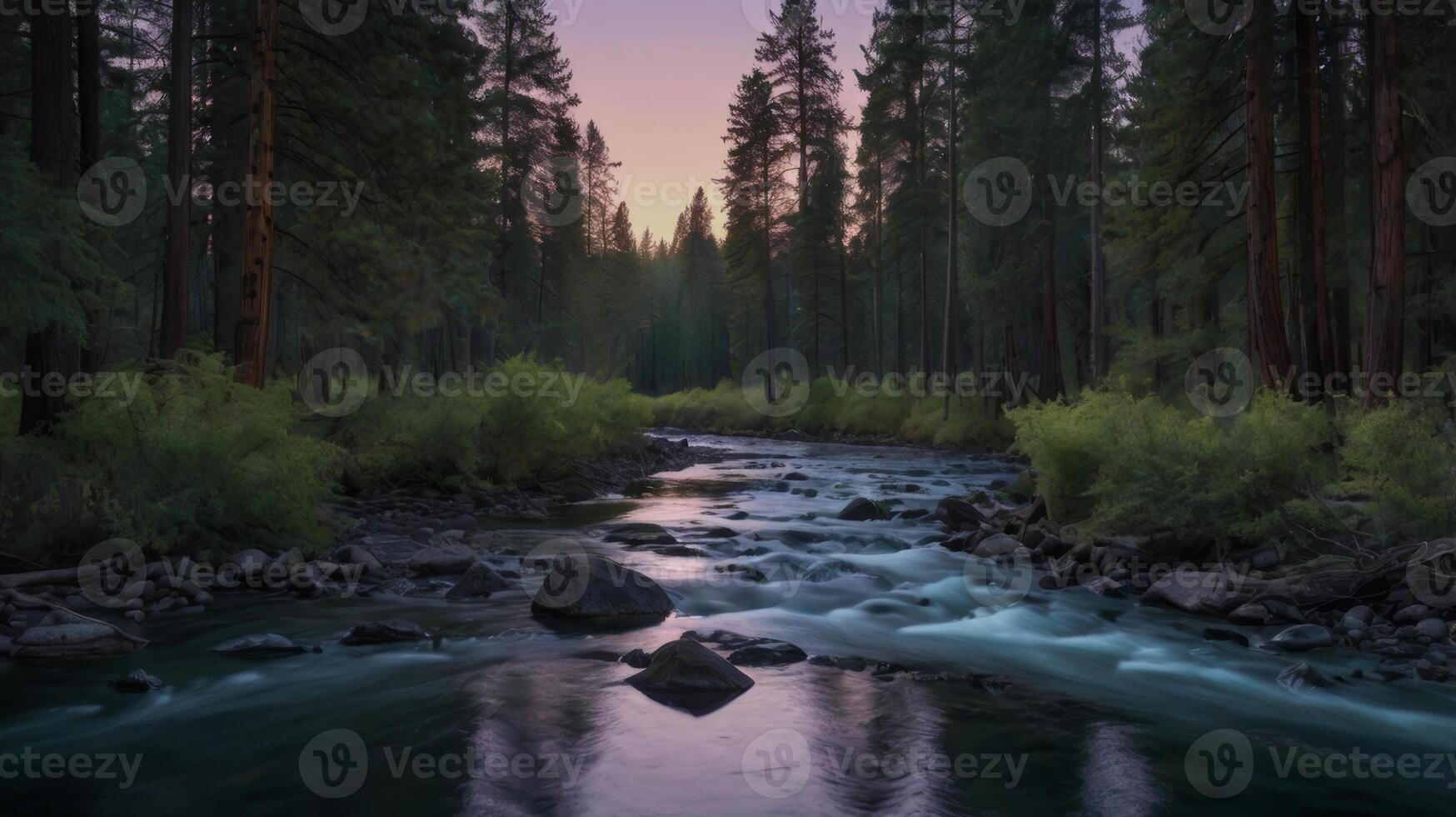 Flowing river through a serene forest at dusk creating a tranquil atmosphere photo