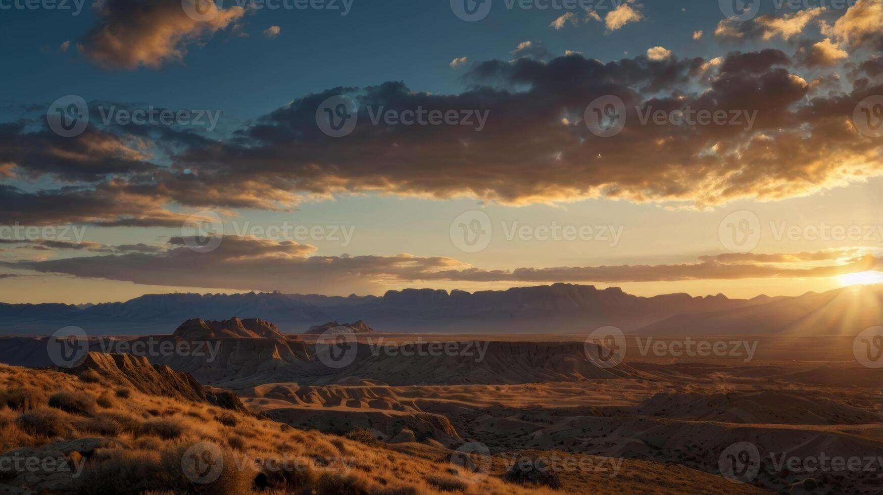 Spectacular sunset over the desert landscape with dramatic clouds formation photo