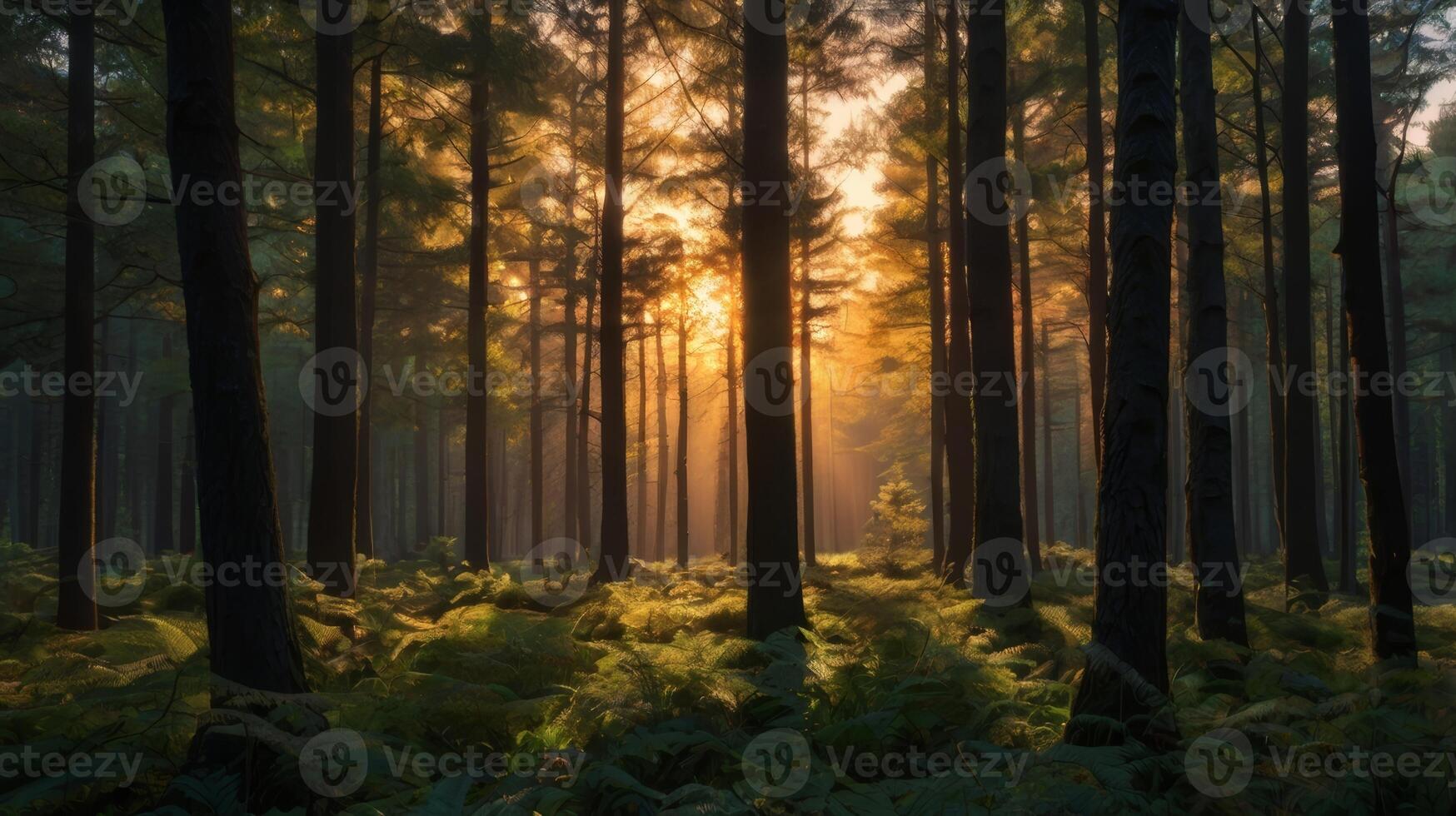 Captivating sunlight piercing through a dense forest canopy creating a serene and magical atmosphere photo