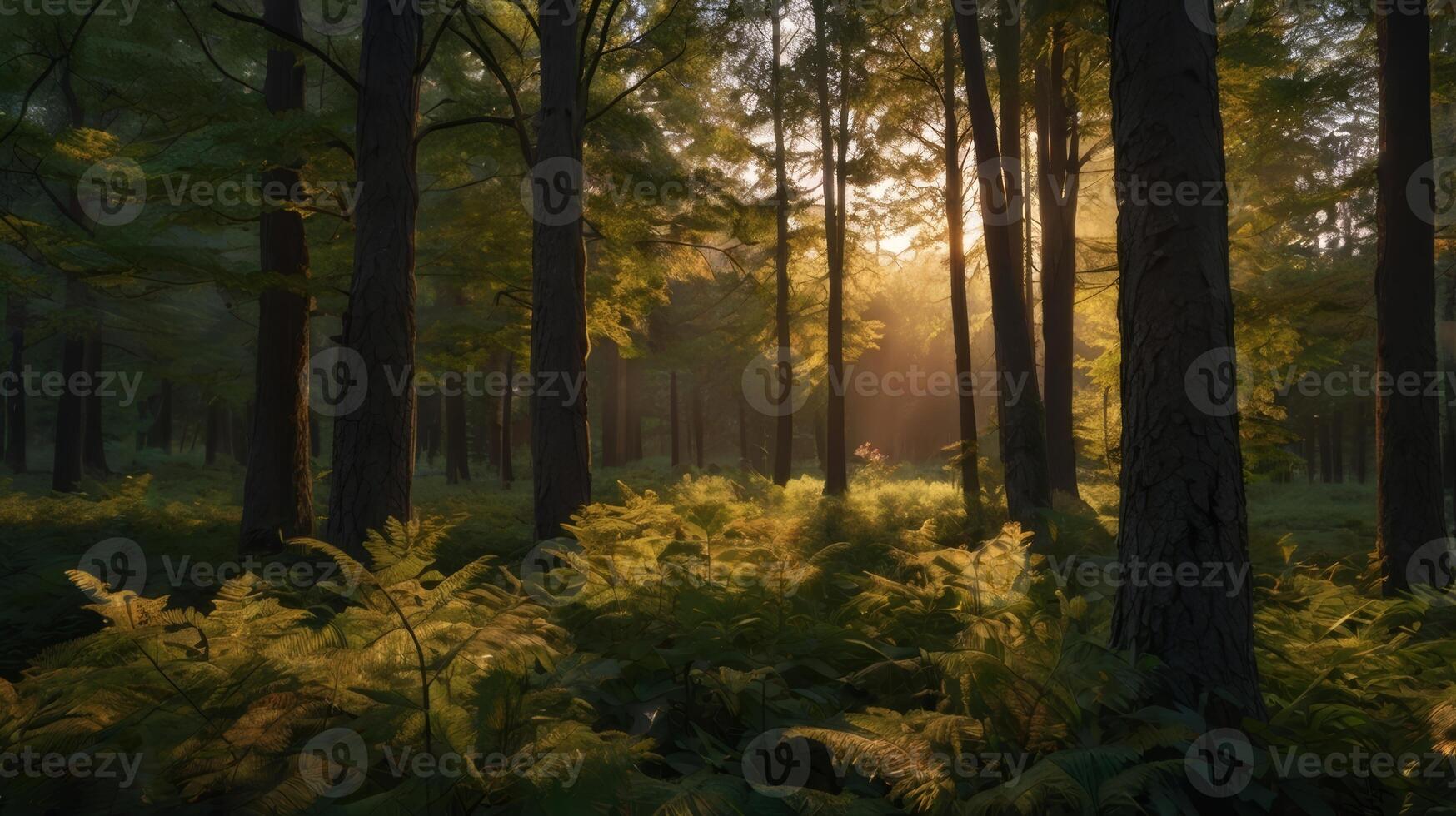 Sunlight Filters Through Forest Trees Illuminating Ferns on the Ground photo