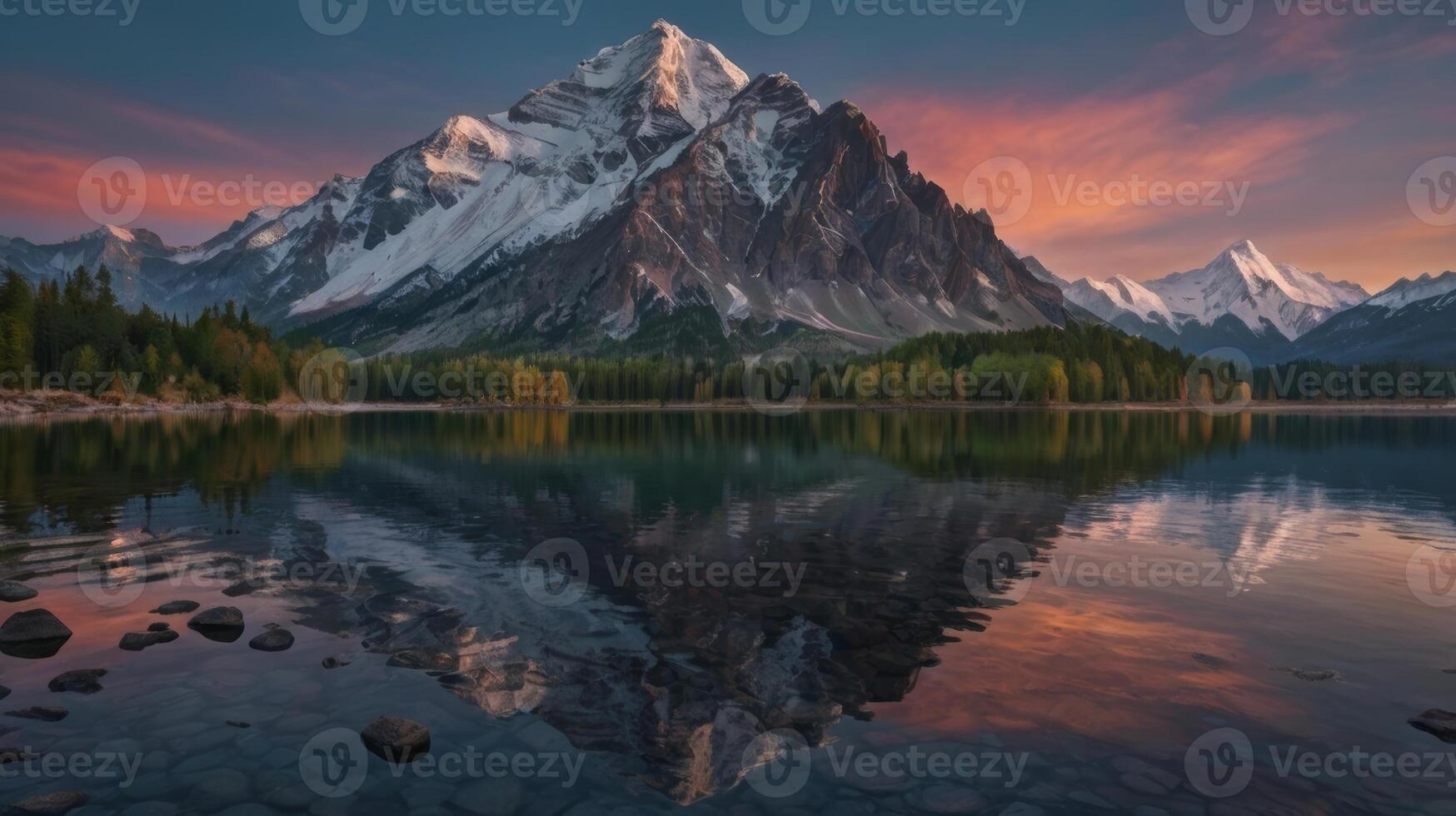 Majestic mountain peak reflecting in serene lake at colorful dawn landscape photo