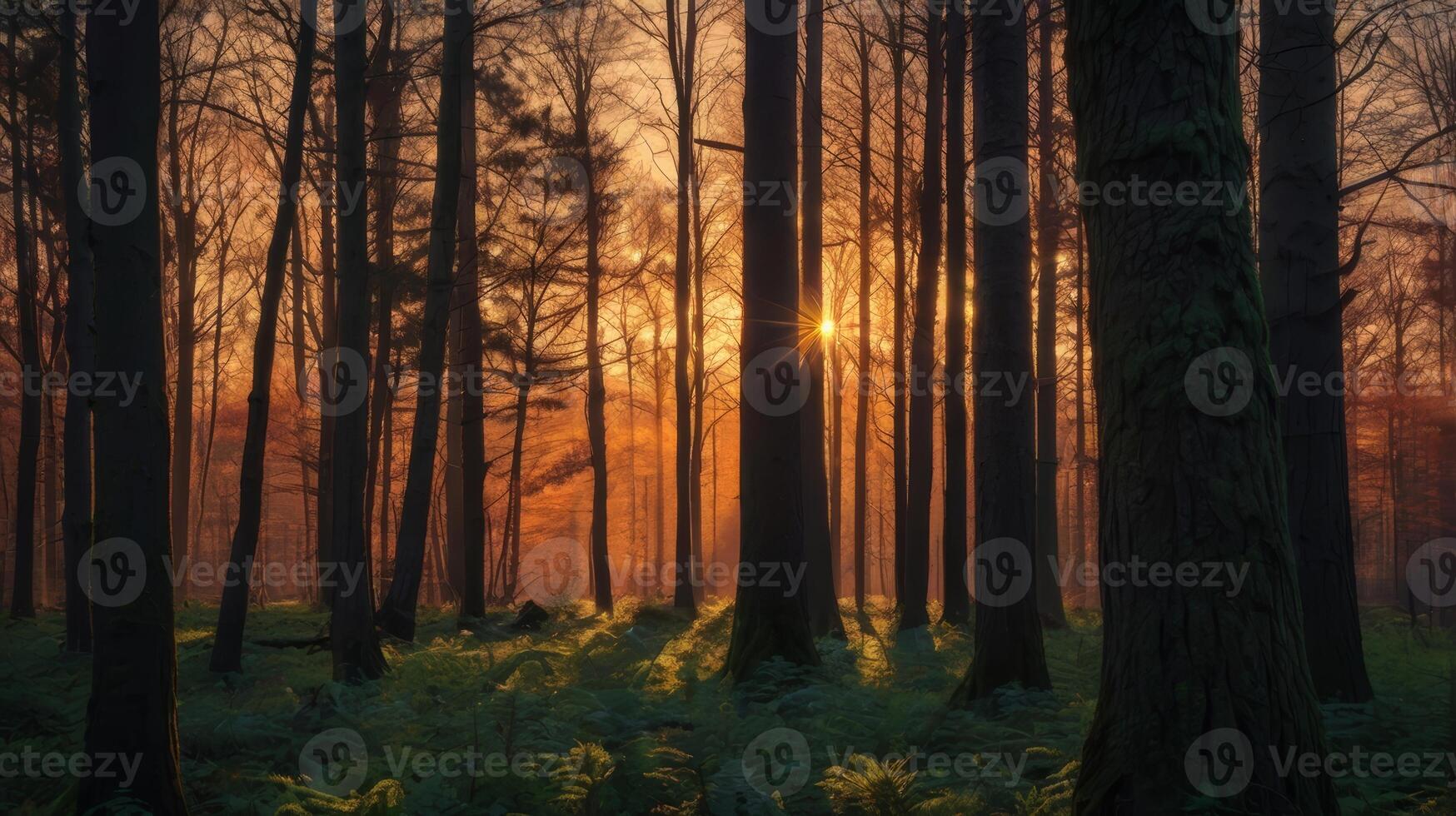 Enchanting forest landscape with sunlight streaming through the trees at sunset photo