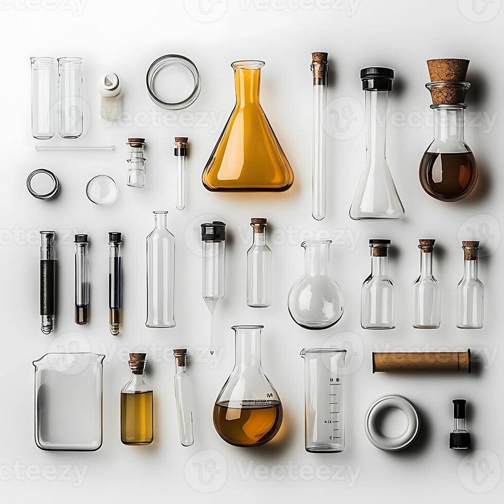 Various glassware and other items arranged on a white surface photo