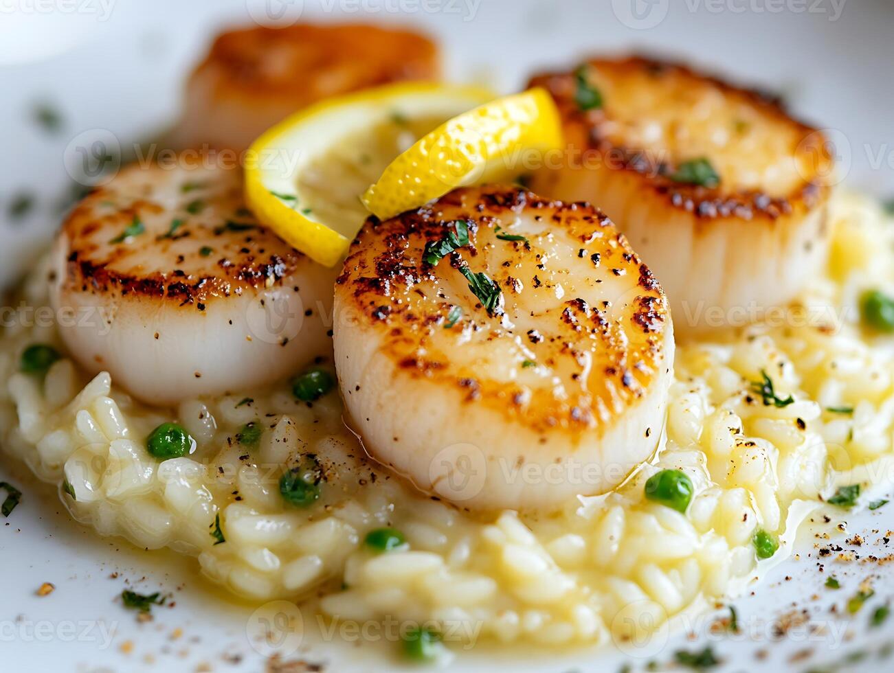 Scallops and risotto on a white plate photo