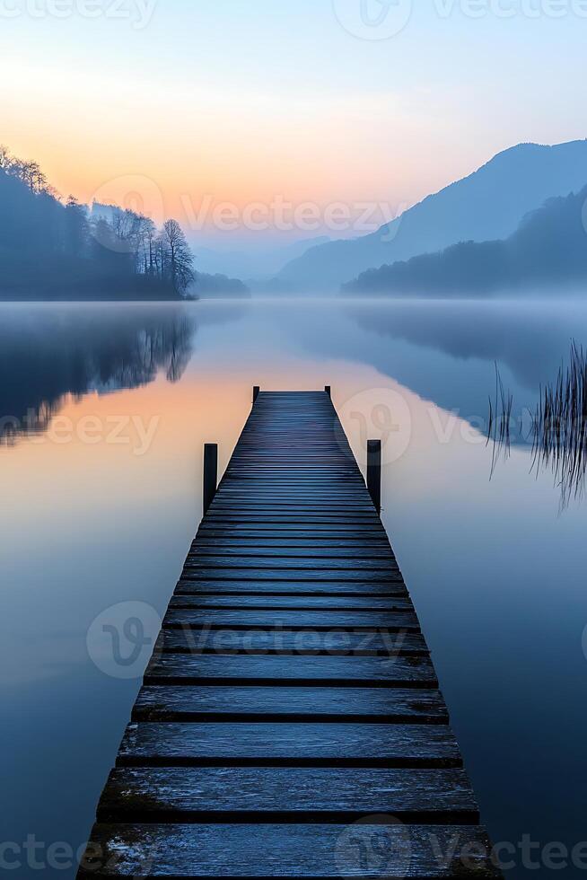 A dock stretches out into the water at sunrise photo