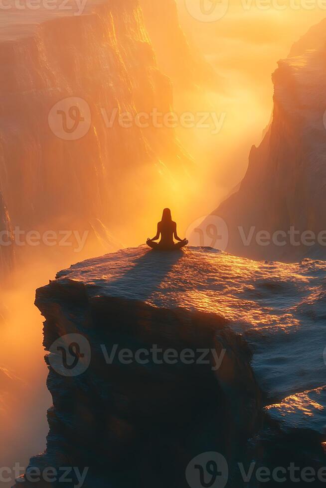 A person sitting on a cliff overlooking a valley photo