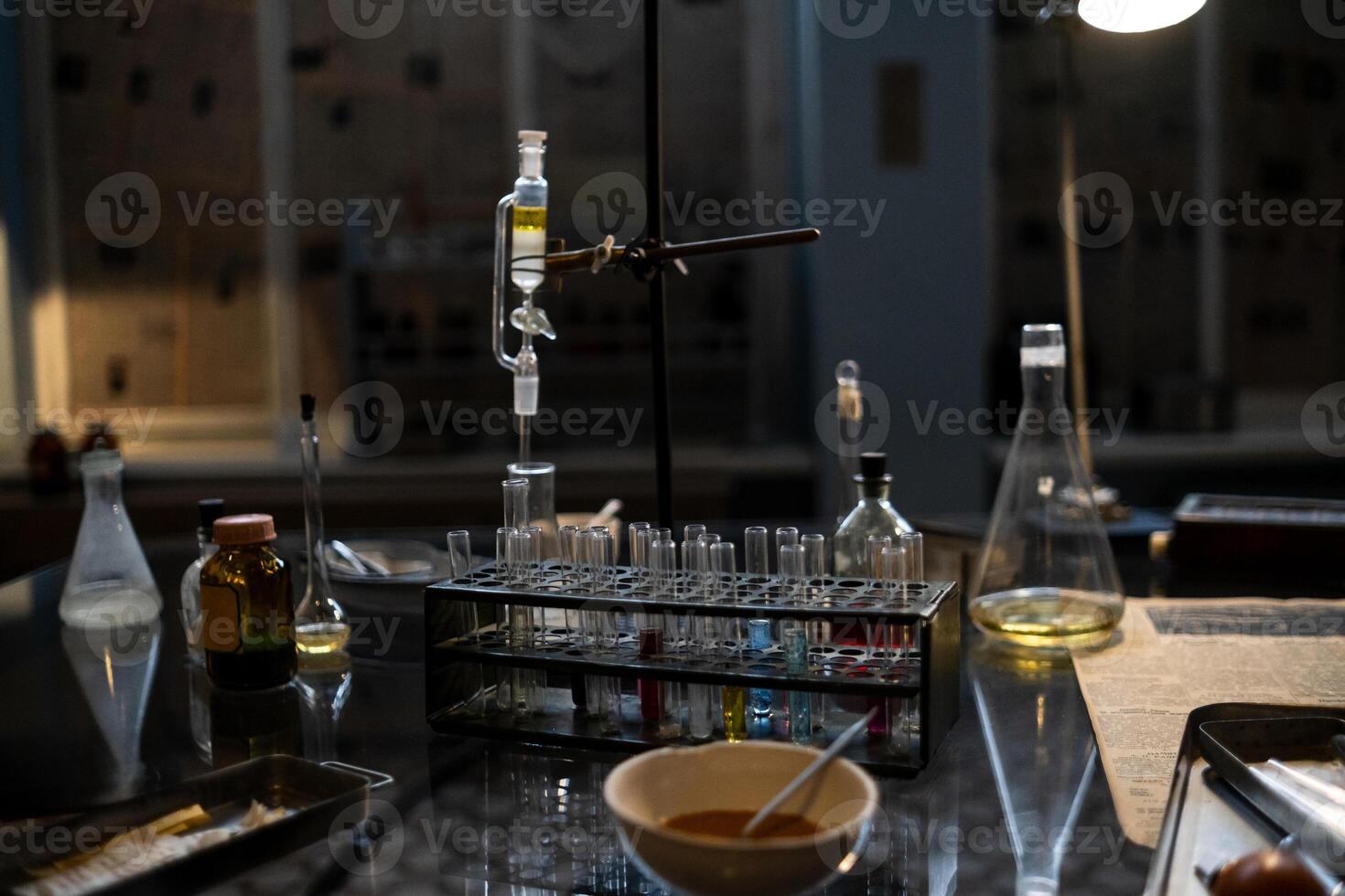 Laboratory Setup With Various Glassware Displaying Colorful Solutions During an Experimental Analysis in an Indoor Scientific Environment photo