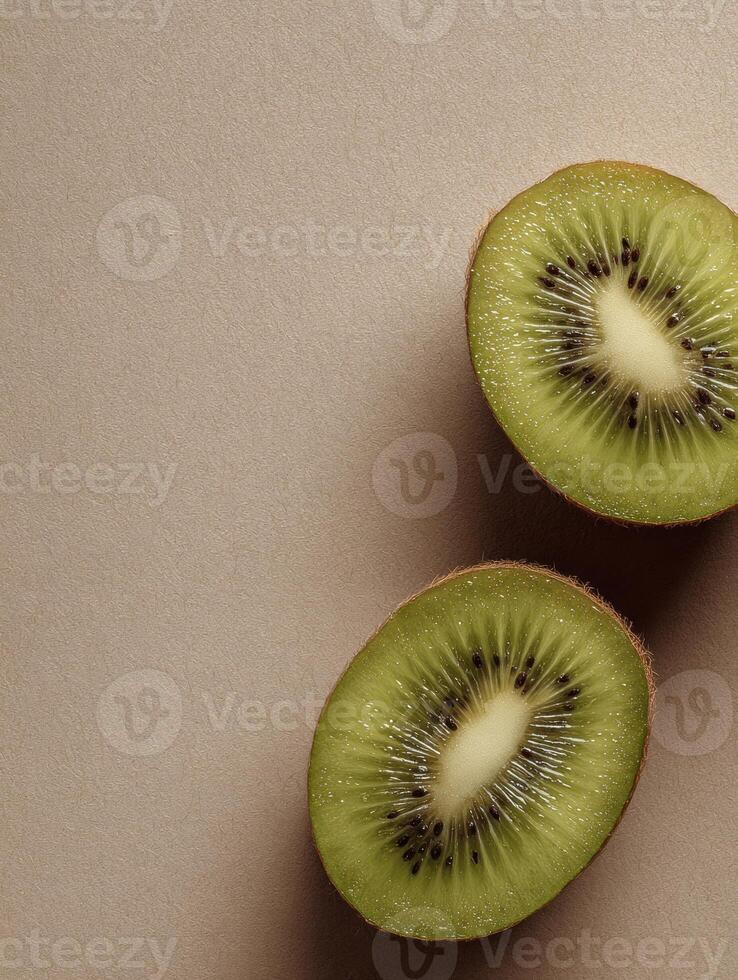 Kiwi Halves Floating on a Neutral Canvas Background Evoke a Sense of Freshness and Minimalism in This Simple yet Striking Composition photo