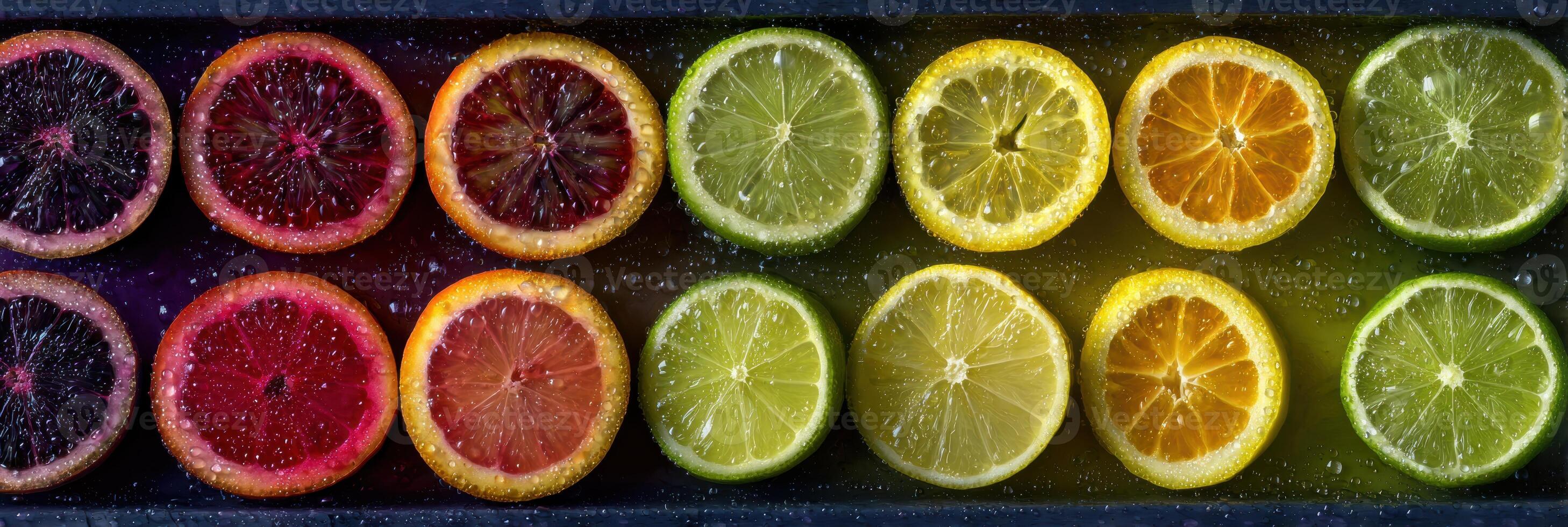 Color-matching Arrangement of Sliced Fruits Showcasing a Gradient of Hues With a Top Third Exposed in a Vibrant Display photo