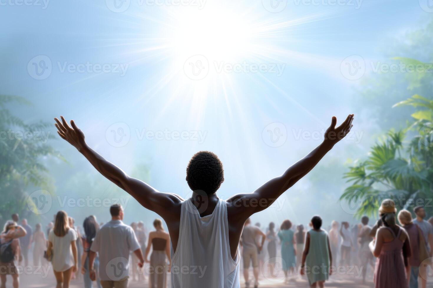 Joyful gathering in a vibrant paradise under a radiant sky filled with life and connection photo