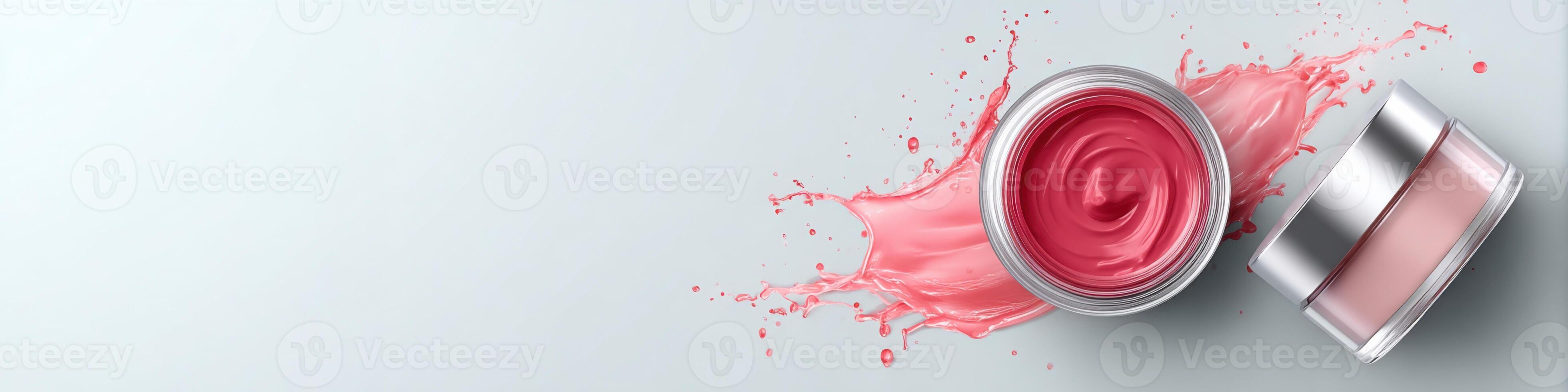 Makeup primer cream jars with colorful splash effects and space for advertising photo