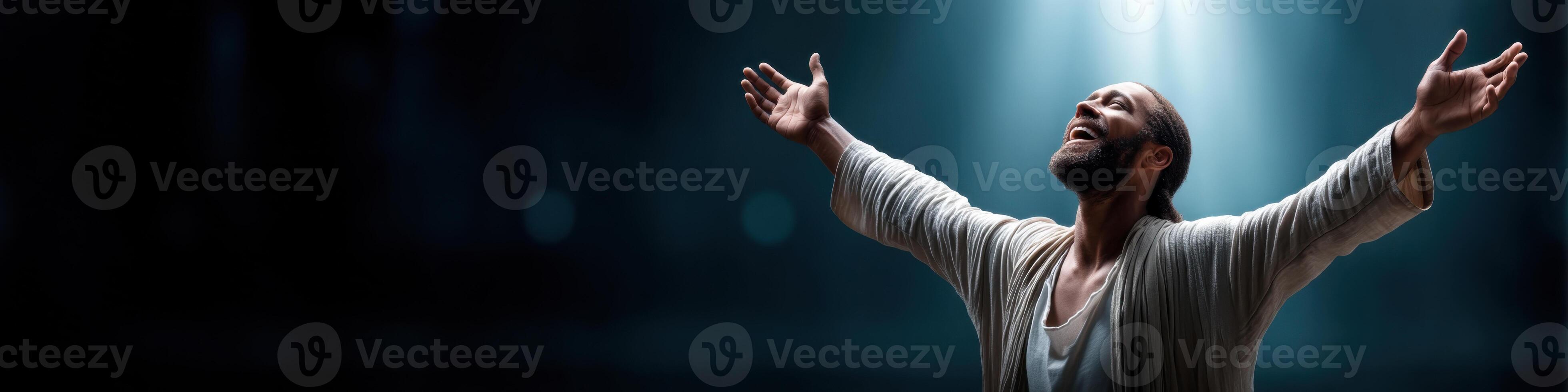 Resurrection of Jesus with open arms in a joyous light-filled setting for inspirational messages photo