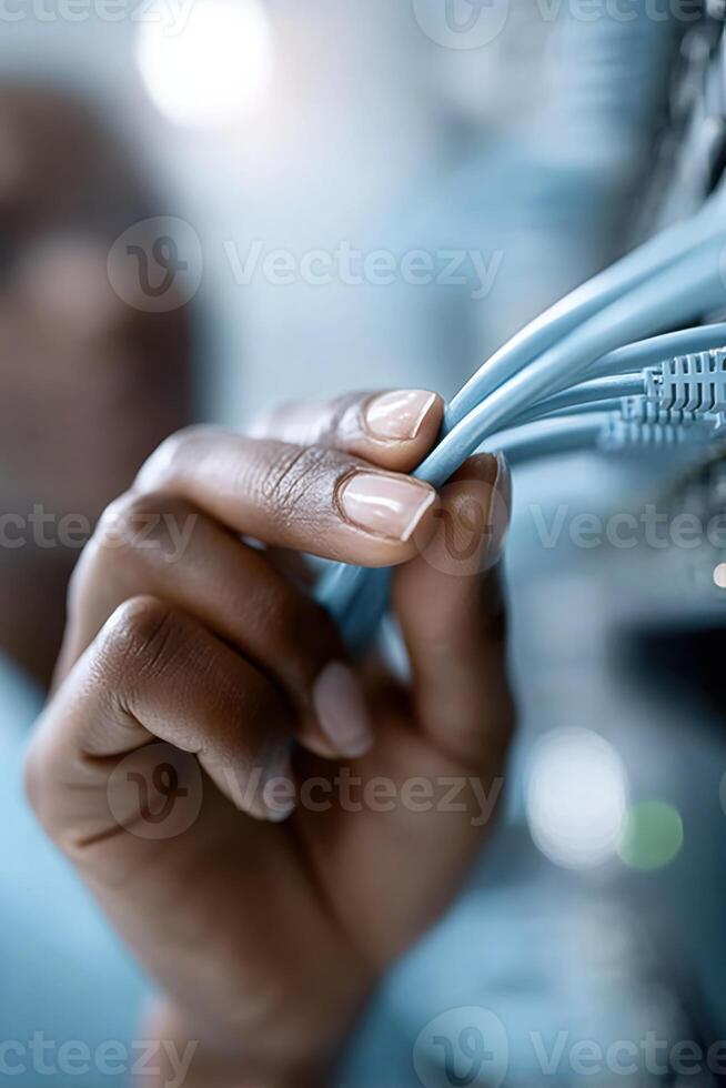Close-up of Hispanic female engineer configuring network cables in a tech environment photo