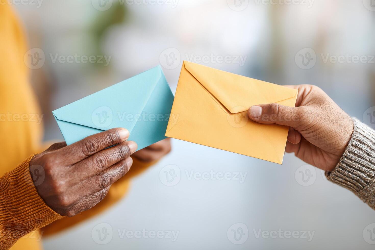 Hands exchange letters of complaint in a bright environment highlighting neighborly communication photo