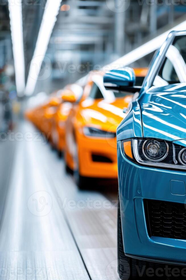 Dynamic car assembly line showcases vibrant vehicles in production photo