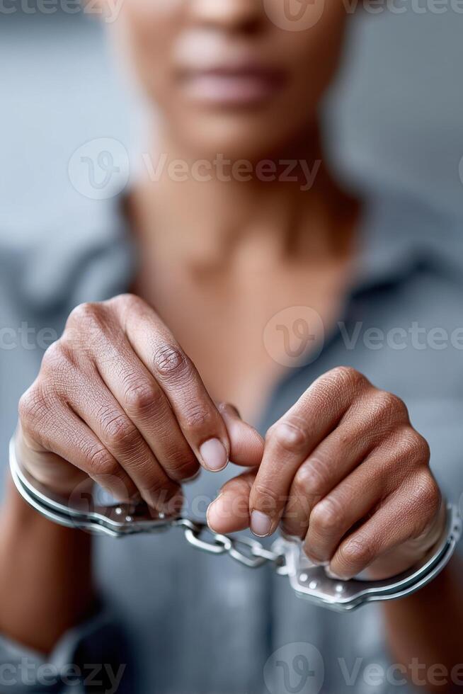Close-up view of hands holding handcuffs and a security badge in a professional setting photo