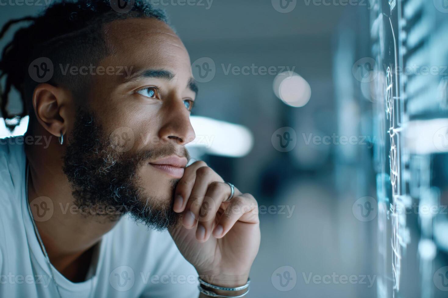 Creative inventor engages in innovative brainstorming in a modern workspace photo