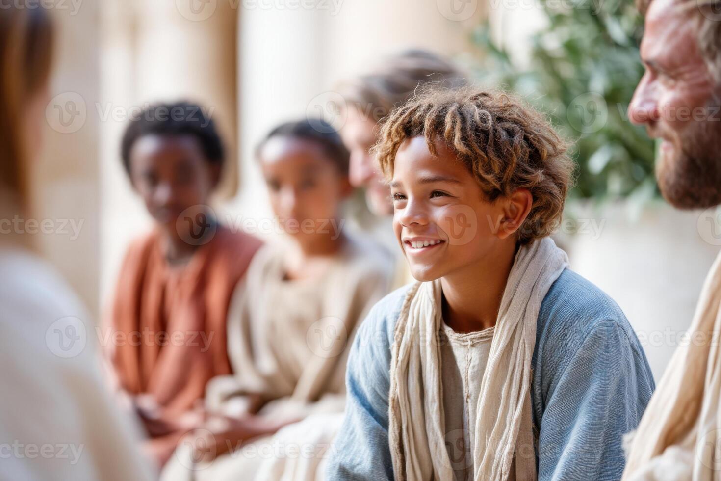 Youthful Joseph shares his dreams in a vibrant and colorful setting with eager listeners photo