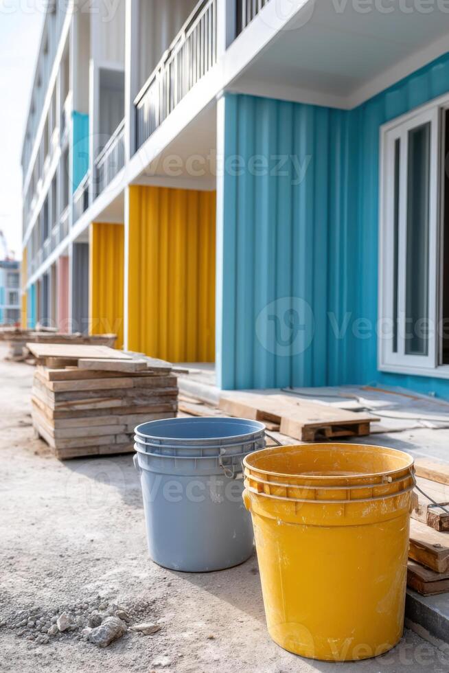 Affordable housing construction site with vibrant materials and preparation for new homes photo