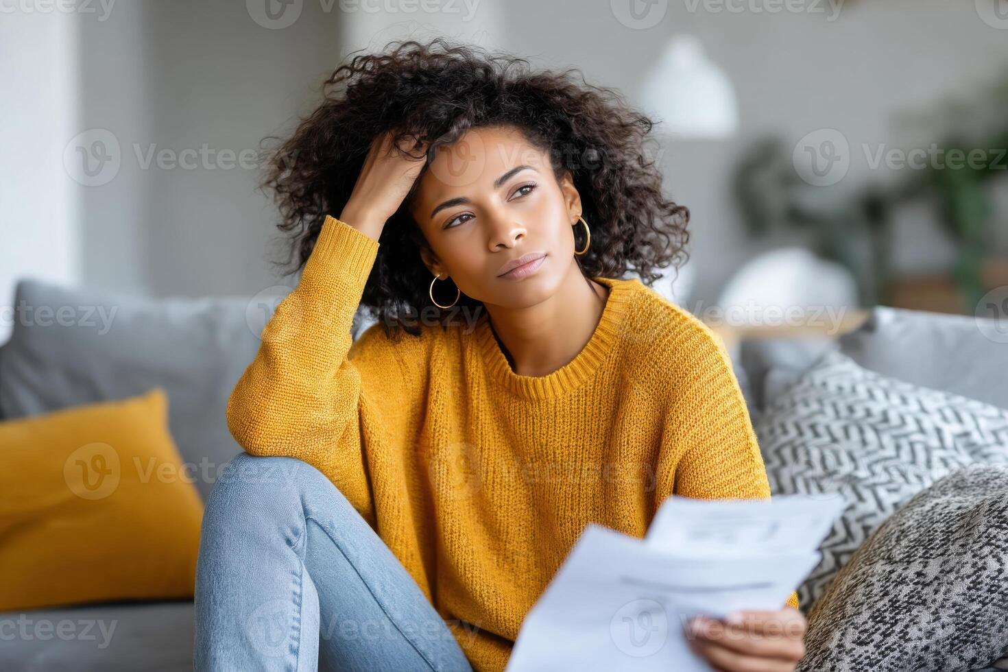 Young woman reviews finance statements in colorful living room amidst rising income disparity among retirees photo