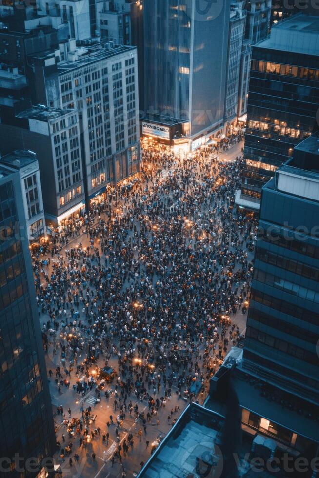 Vibrant metropolis illuminated at night with diverse crowds gathering in the city center photo