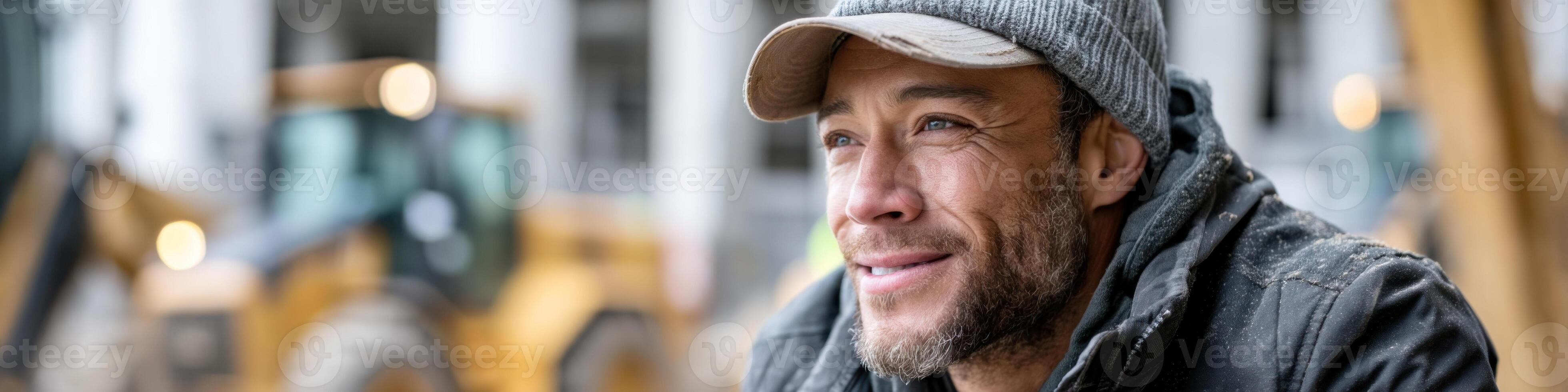 Young Hispanic bulldozer operator working at a busy construction site with heavy machinery in the background photo