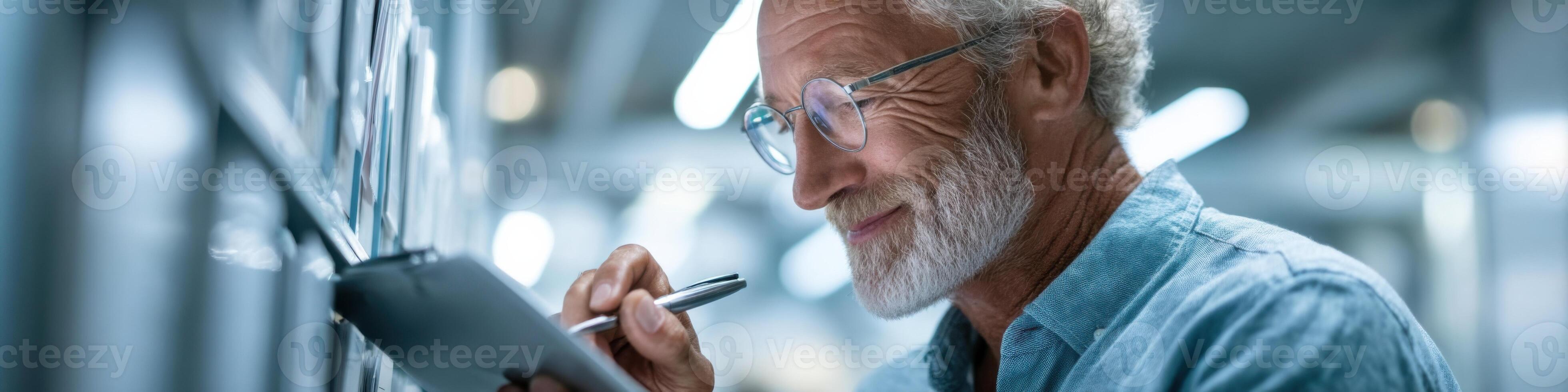 Elderly database administrator organizing files in a bright administrative office space photo