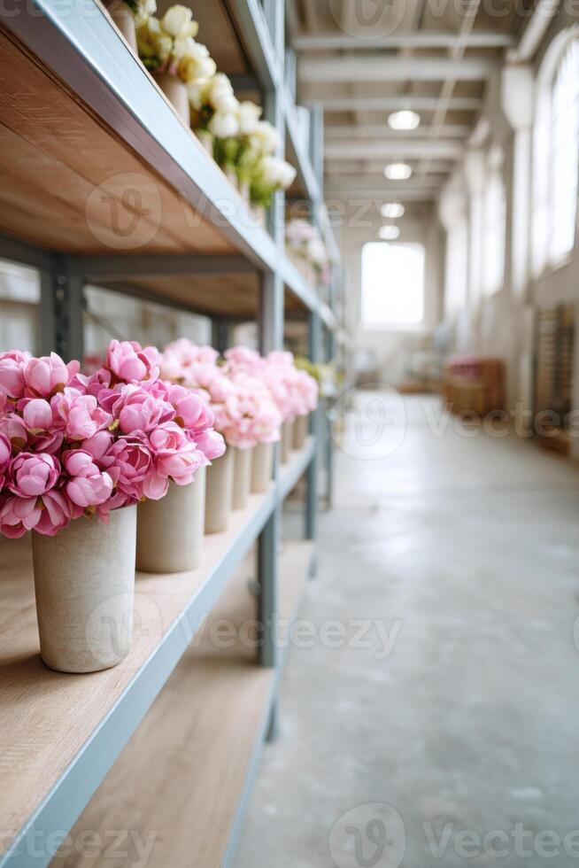 Brightly arranged artificial flowers in a spacious garage setting with ample copy space photo