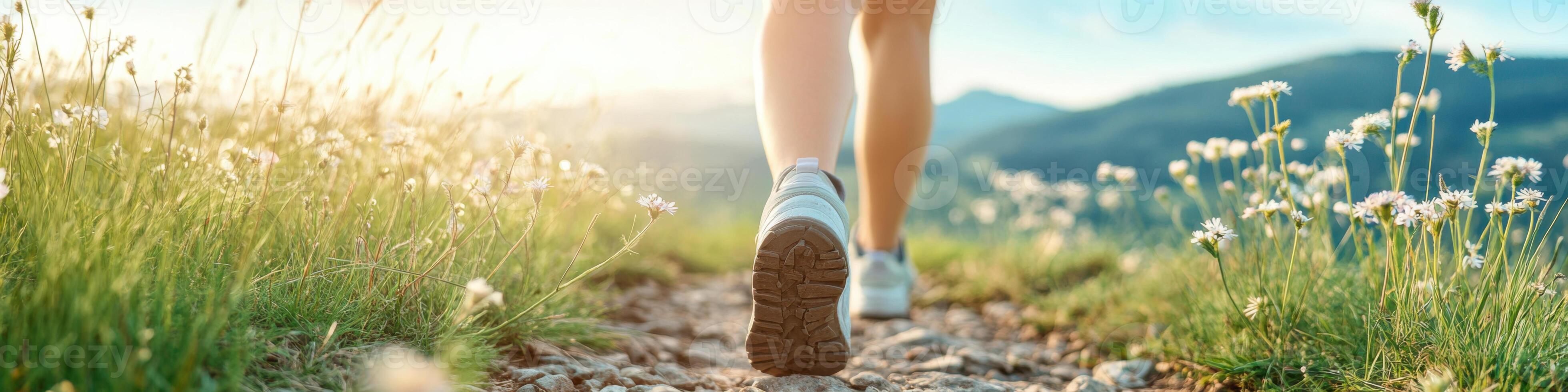 Middle-aged woman walking on rugged trail surrounded by wildflowers in a serene outdoor setting photo