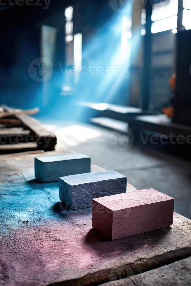 Vibrant workshop showcases abrasive material production with bright colors and dynamic lighting photo