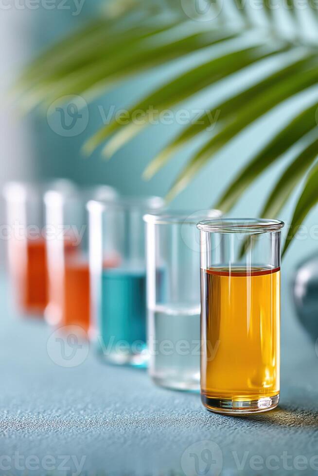 Colorful experiment kit displayed with vibrant liquid samples set against a background of soft colors photo