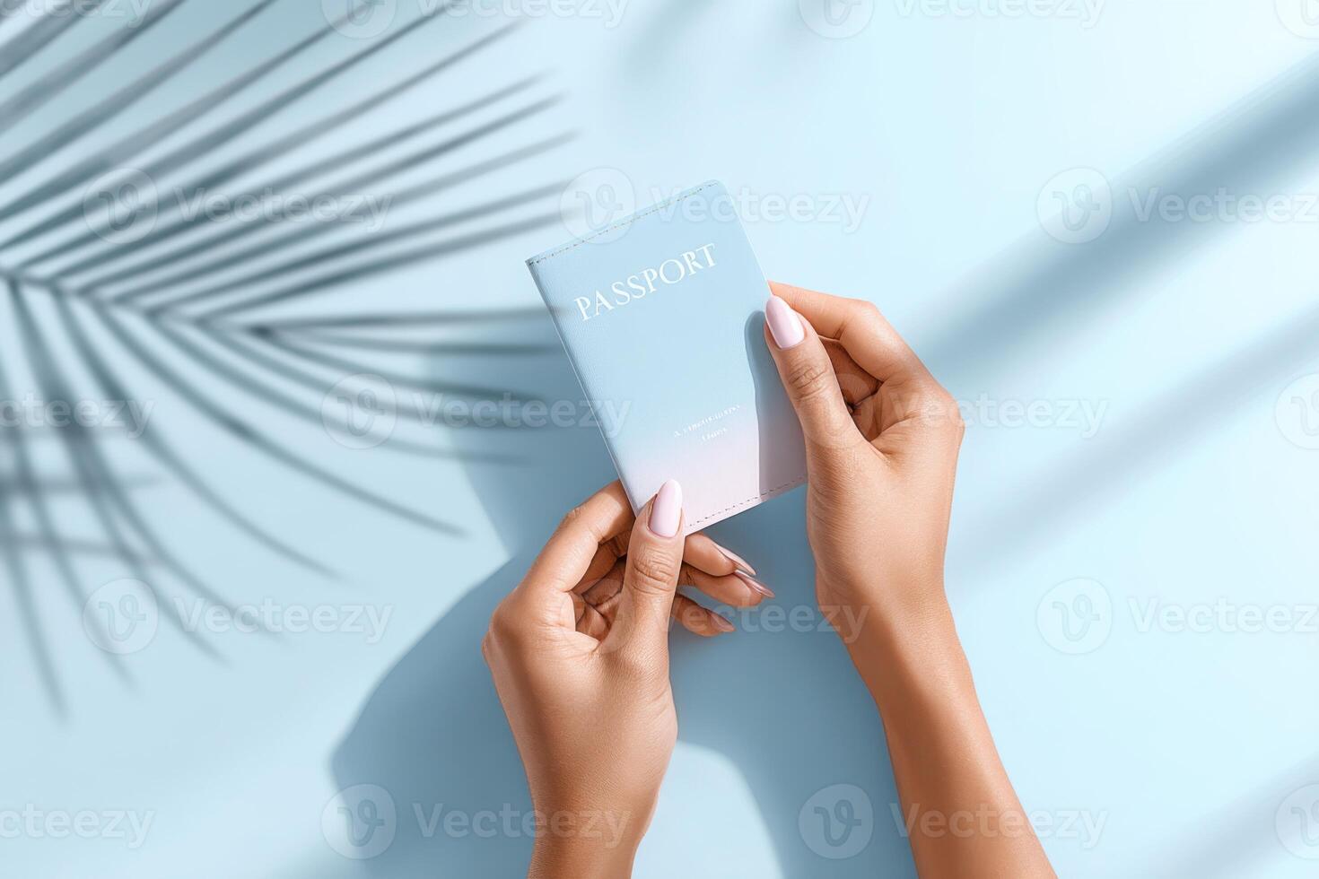Chic passport cover held in hands against bright background with clear space for travel inspiration photo